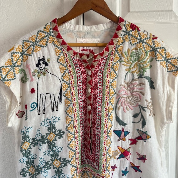 Johnny Was Biya Elektra Dress Linen Embroidered Lined Mini Coastal Resort Size M - Picture 7 of 8